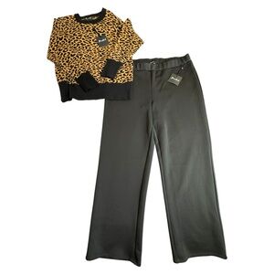 New Marled Women's 2X Leopard Print Sweater & Black Wide-Leg Pant Outfit Set